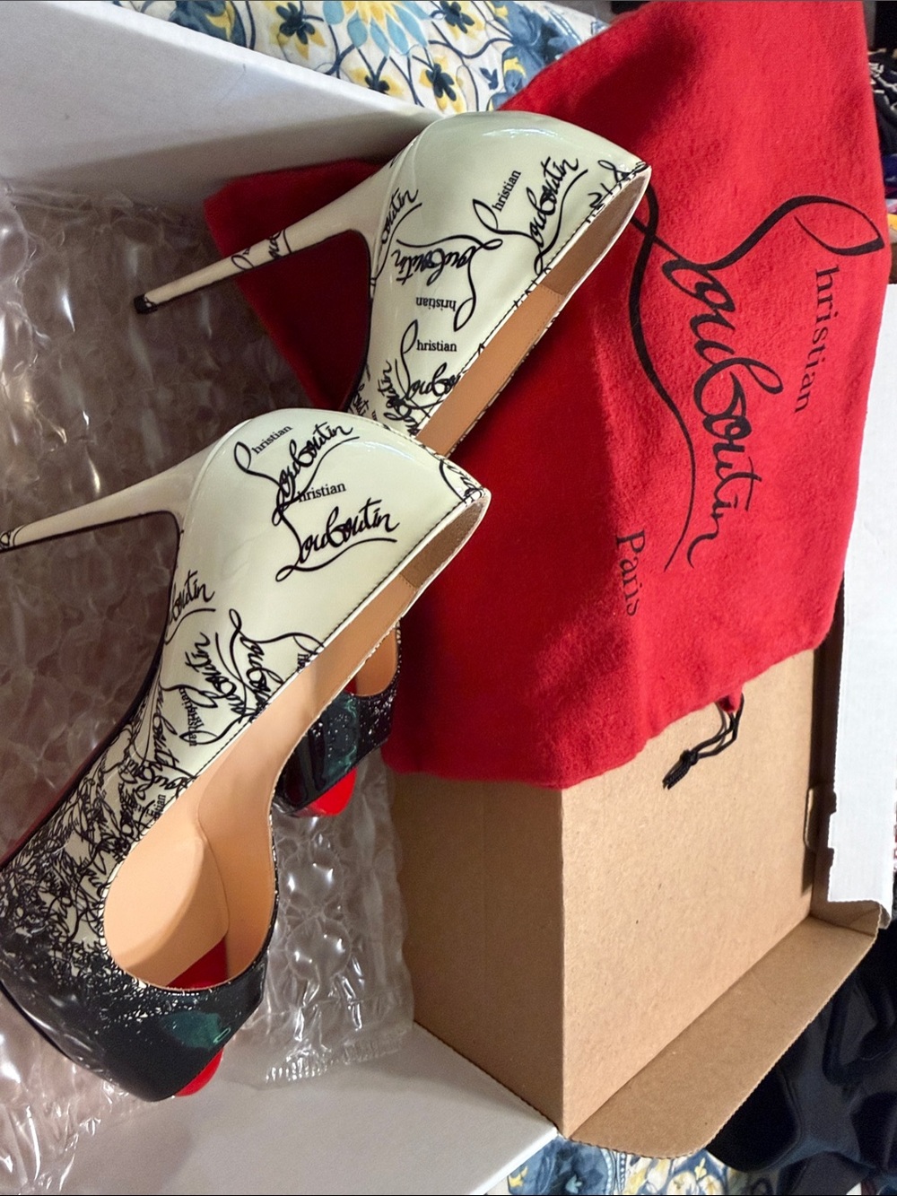 Christian Louboutin Ivory Script Patent Leather Pumps with Red Soles
